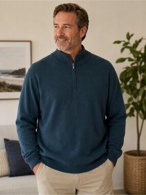good threads Mens 100% Merino Wool Teal  Sweater Half-Zip Long Sleeves Size  XLT